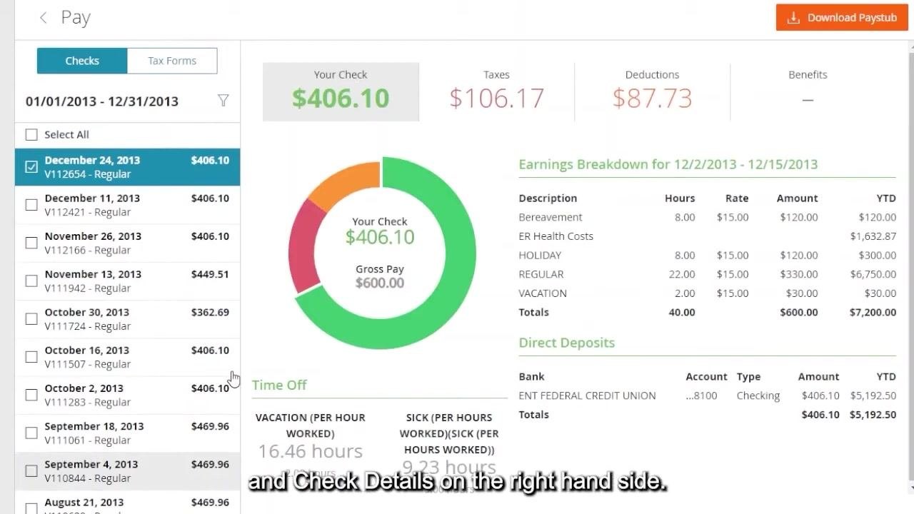 Paylocity pay details screen with a list of checks on the left and a detailed breakdown of a selected check on the right, including earnings, taxes, deductions, and direct deposit information.