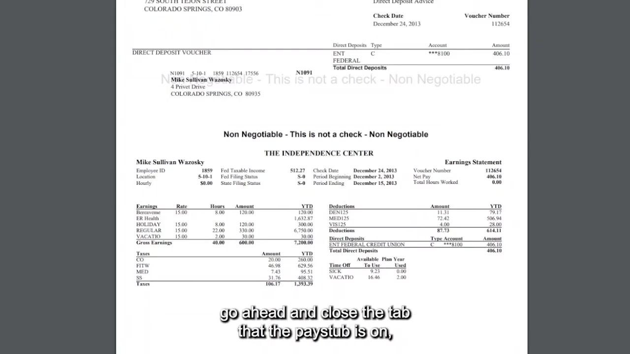 PDF pay stub still open, ready to be closed to return to the list of checks.