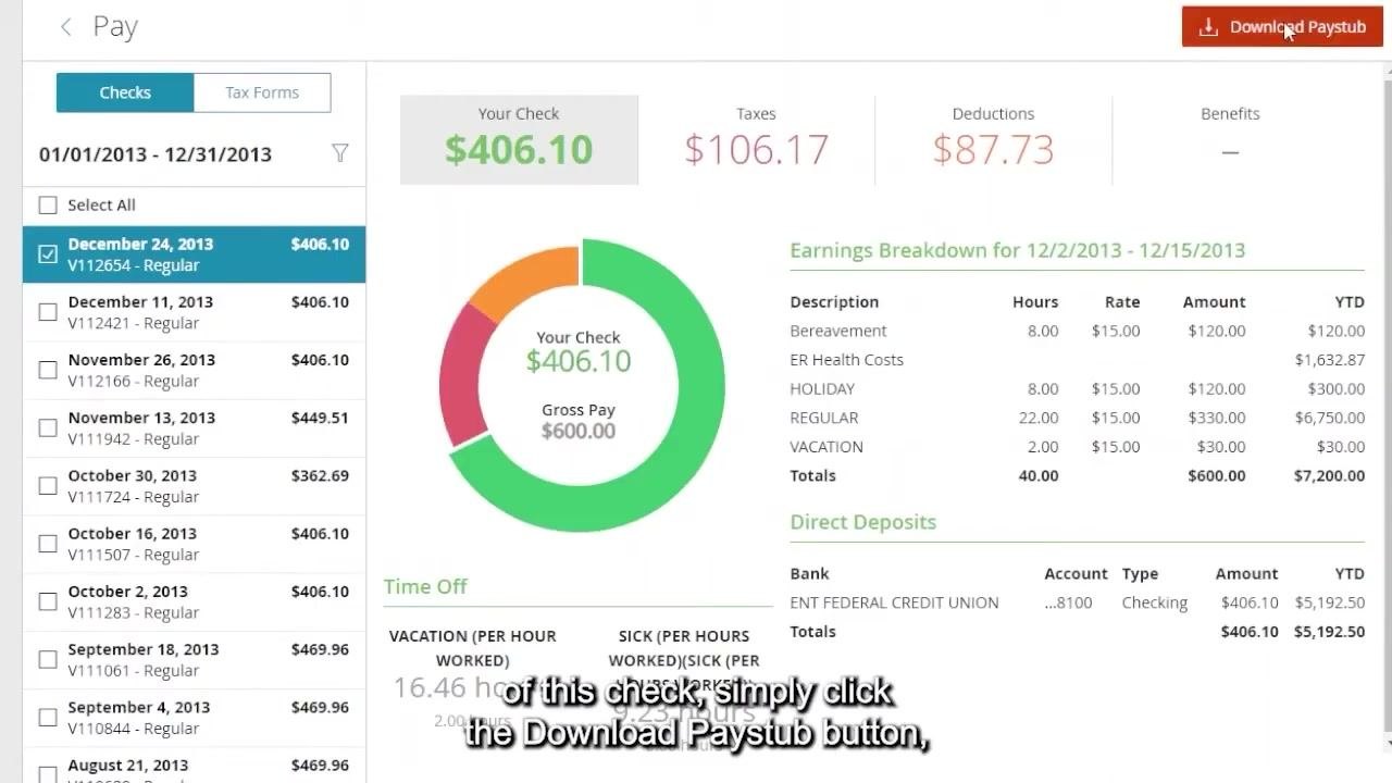 Cursor pointing to the Download Paystub button with a check selected, showing pay details for December 24, 2013.