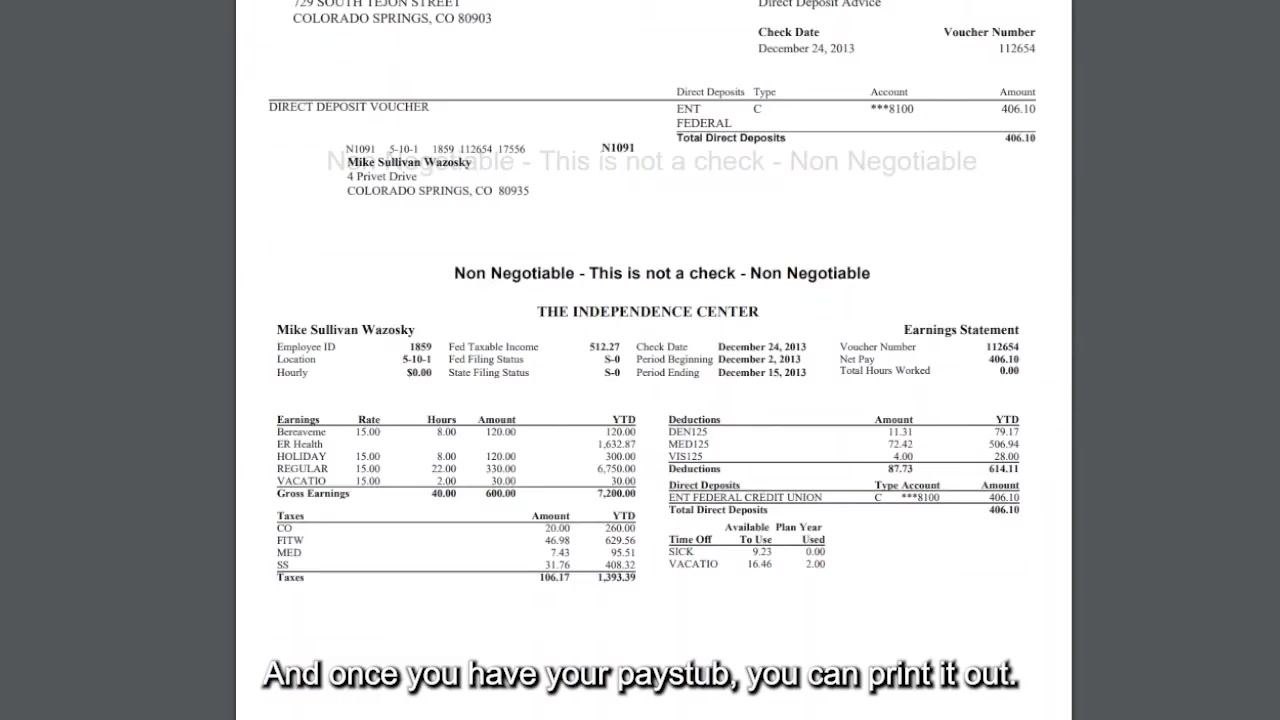 PDF pay stub displayed in a new browser tab, showing detailed earnings, deductions, and direct deposit information.