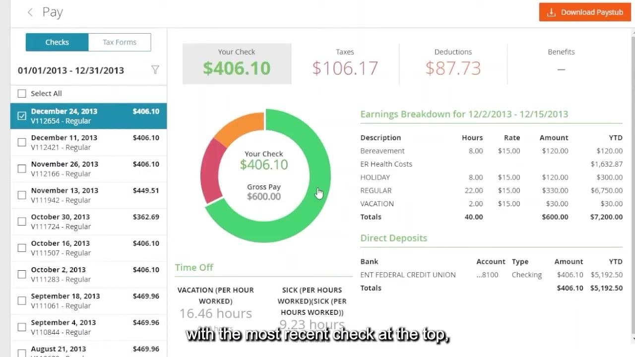 Paylocity pay details screen with the most recent check (December 24, 2013) selected by default, showing detailed pay information on the right.