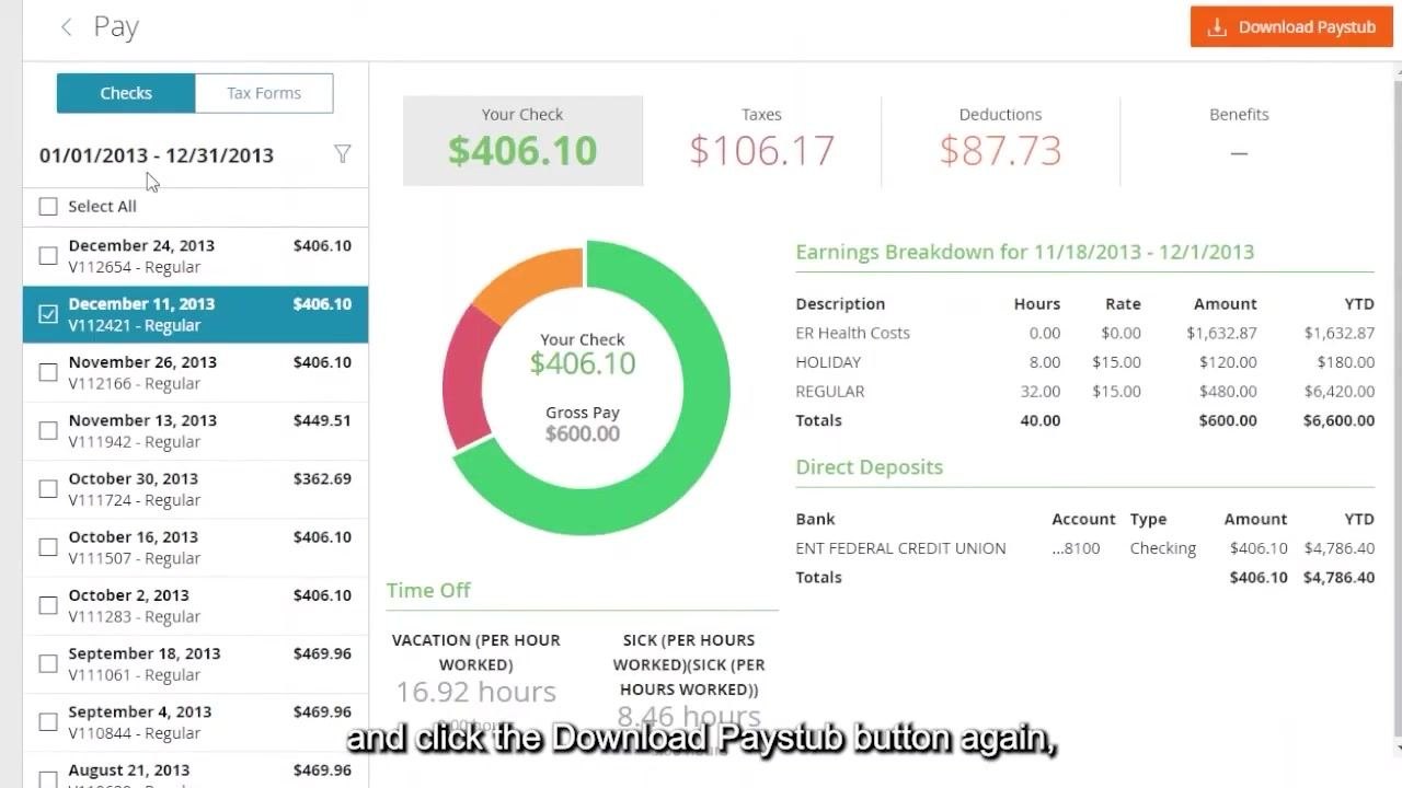 Paylocity pay details screen with a different check (December 11, 2013) selected, ready to download another pay stub.