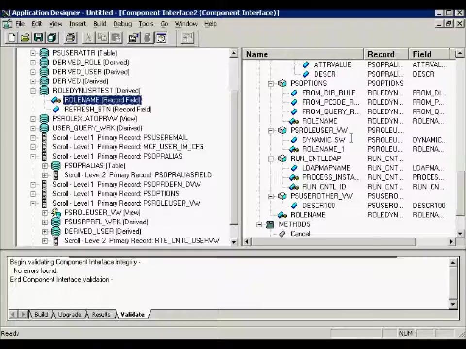 Application Designer window showing the ROLENAME field being exposed in the component view, with fields and collections visible in both panes