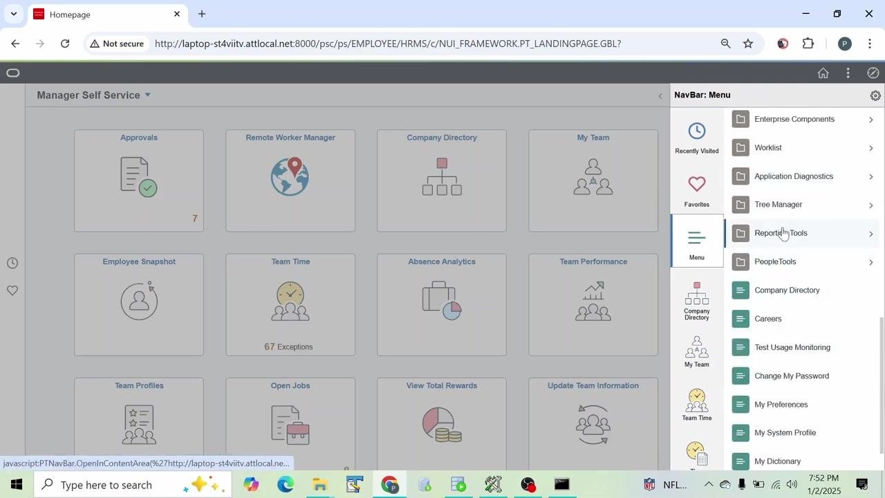 PeopleSoft homepage with the NavBar open, Menu selected, and Reporting Tools highlighted in the menu list