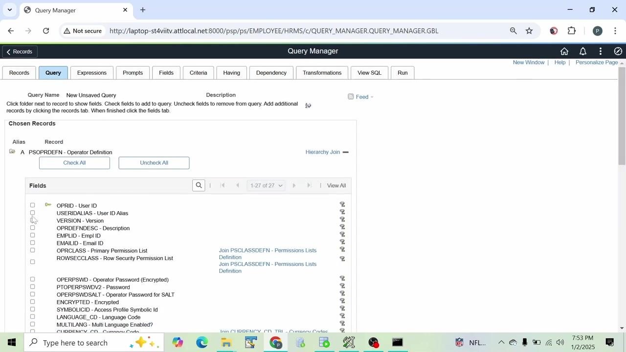 Query Manager screen with "PSOPRDEFN" entered in the search field and the Show Fields option visible for the Operator Definition record