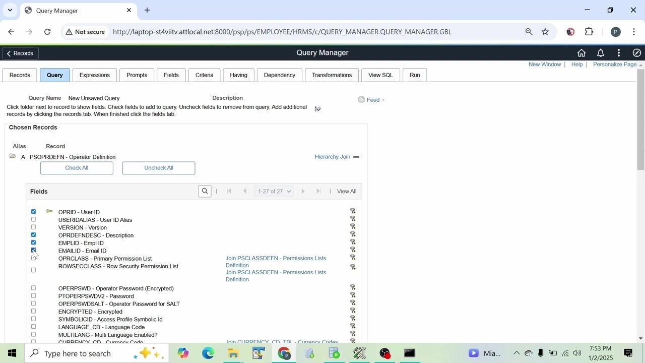 Query Manager showing the PSOPRDEFN fields list with OPRID, OPRDEFNDESC, EMPLID, and EMAILID selected