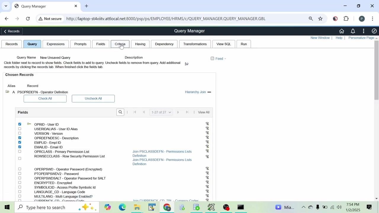 Query Manager with the Criteria tab being selected after the fields have been chosen