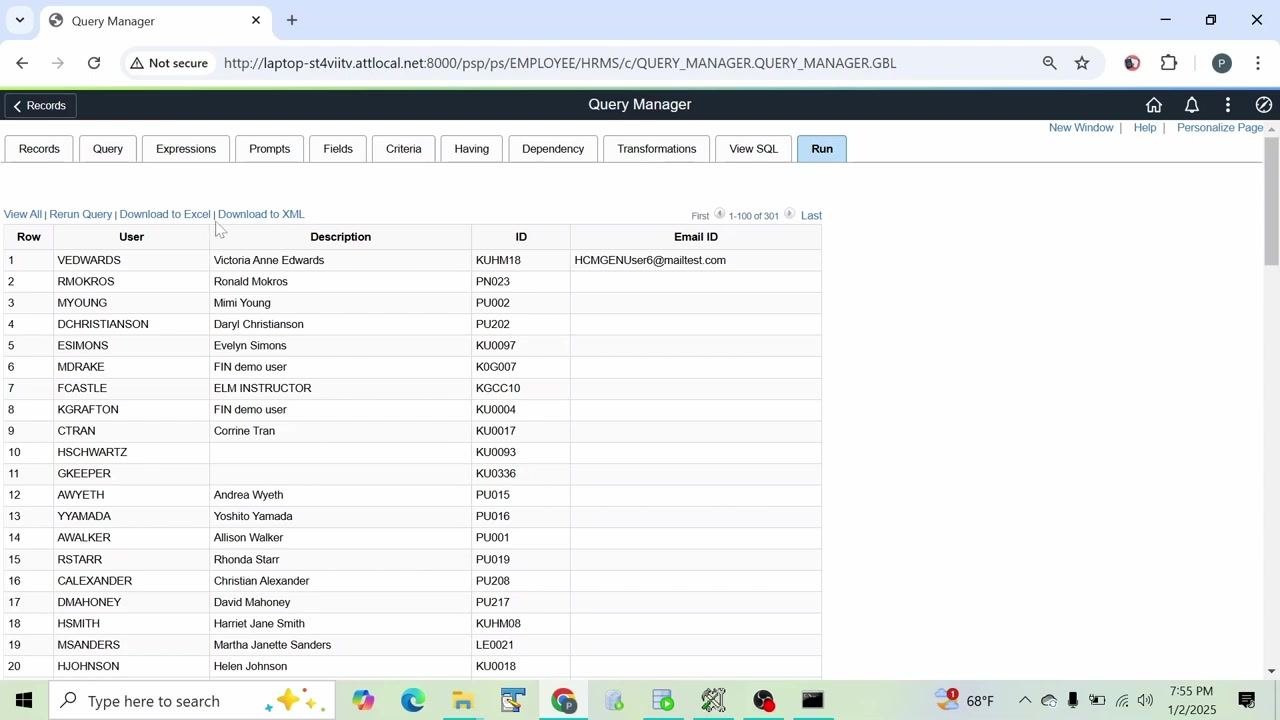Query Manager displaying query results with columns for User, Description, ID, and Email ID