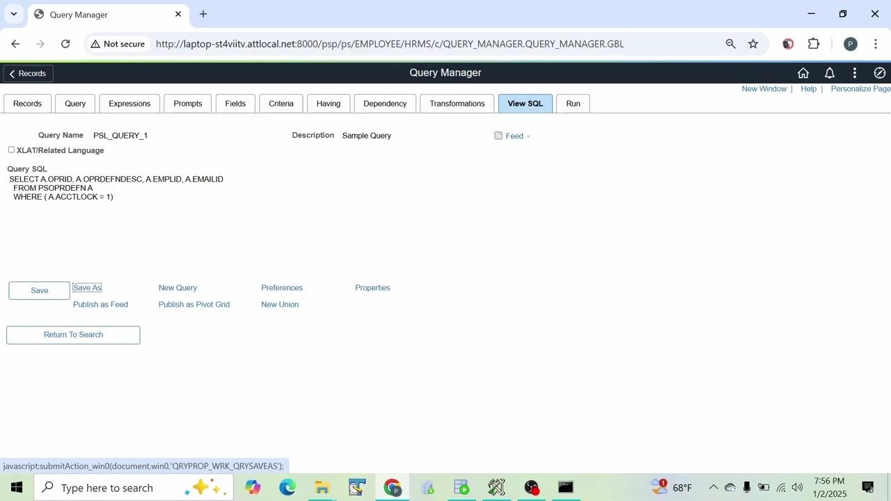 Save Query dialog with fields for Query name, Description, Query Type, Owner, and Query Definition