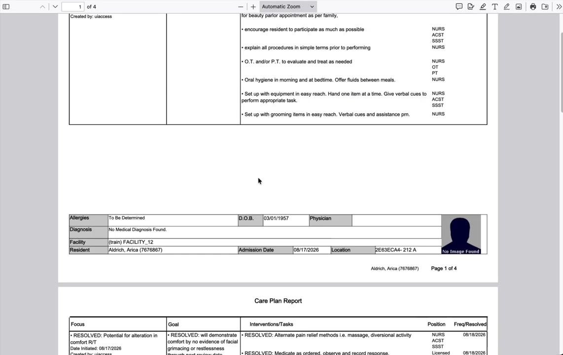 Print Options dialog open over the Care Plan Detail screen, with "Care Plan" and "Include Resolved/Cancelled Items" checked and the Print button highlighted.