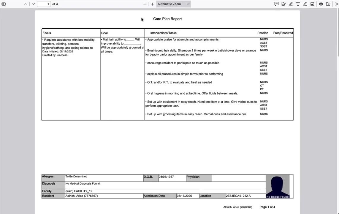 Care Plan Detail screen with the cursor over the New Alert button.