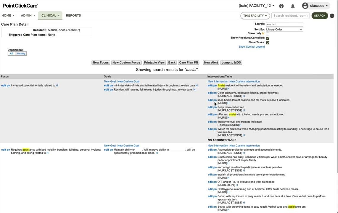 Care Plan Detail screen showing search results for "assist," with all instances highlighted in yellow.