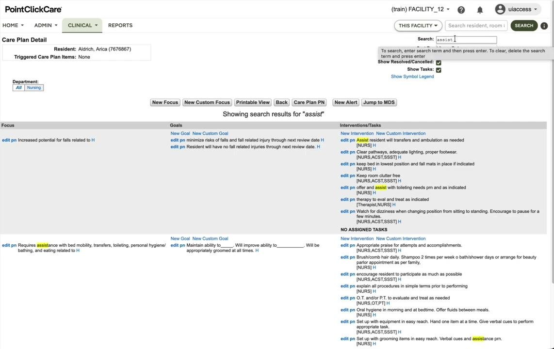 Care Plan Detail screen with the search box in use and highlighted results.