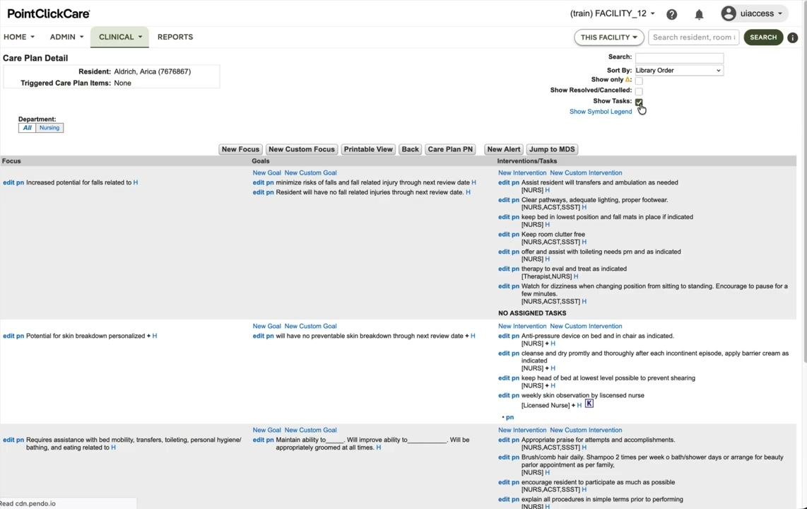Care Plan Detail screen with "Show only: Personalization required" and "Show Tasks" options highlighted, used to adjust the visible interventions and tasks.