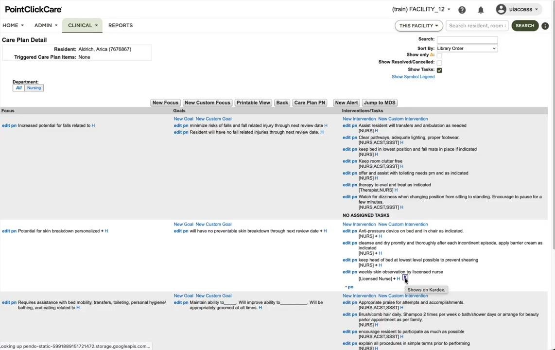 Care Plan Detail screen showing interventions with a small "K" icon, indicating availability on the Kardex, with the tooltip "Shows on Kardex" visible.