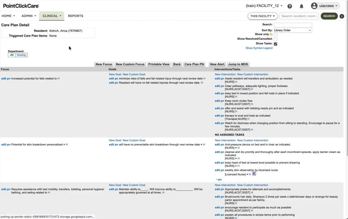 Kardex document for resident Arica Aldrich, showing actionable care plan items such as skin care, transferring, bathing, and mobility.