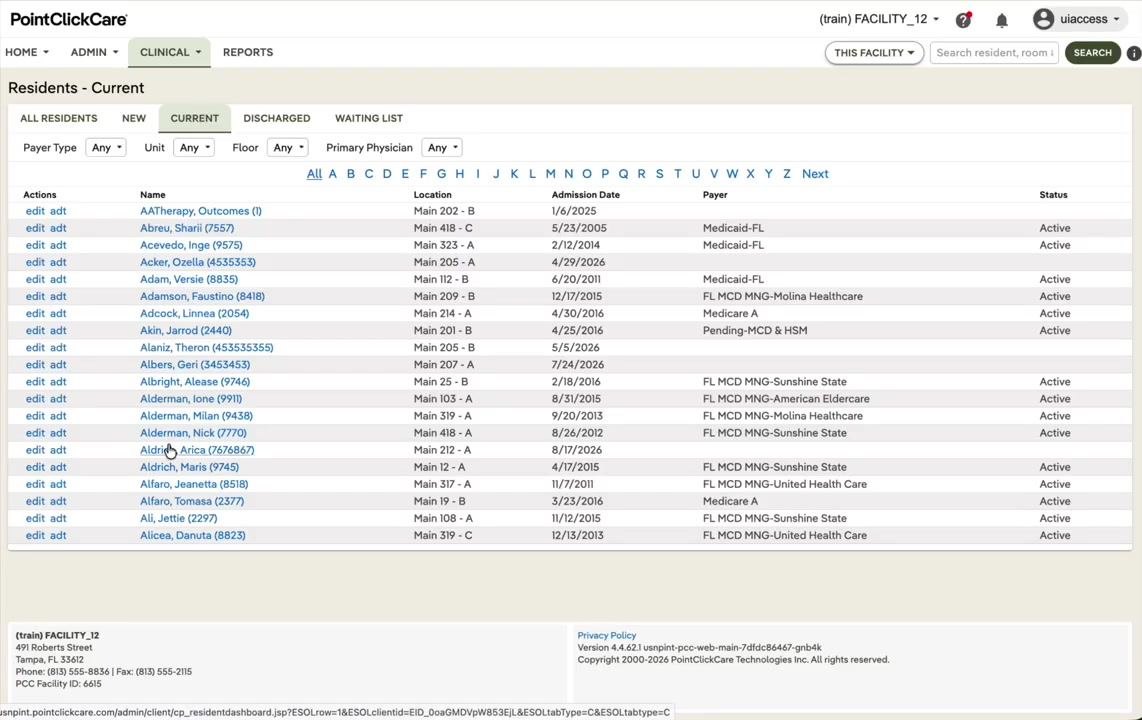 Residents - Current list showing resident names, locations, admission dates, payer types, and statuses, with filters and search options at the top.