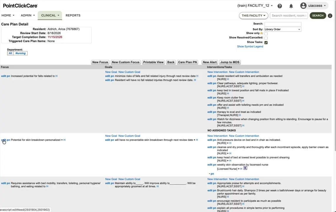 Care Plan Detail screen showing multiple focuses, goals, and interventions with edit options.