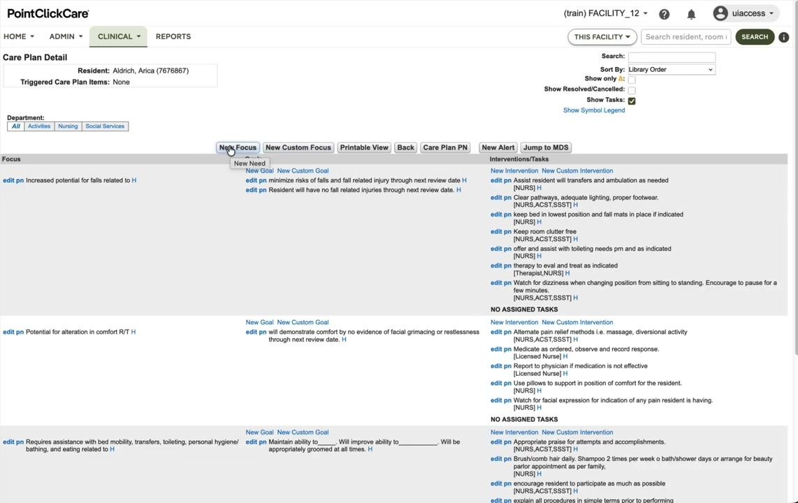Custom Focus Statement window open, showing fields for resident, status, date initiated, description, and review departments, with the Care Plan Detail screen visible in the background.