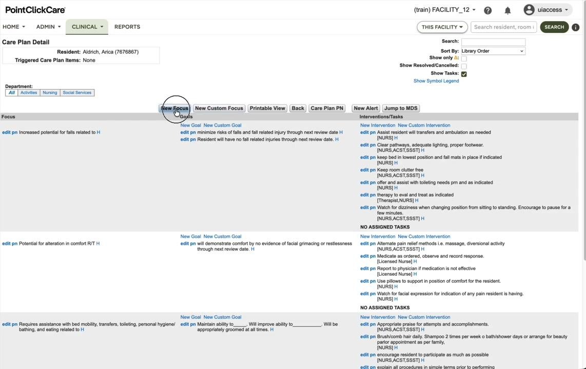 Cursor hovering over the New Focus button on the Care Plan Detail screen, ready to select a focus from the library.