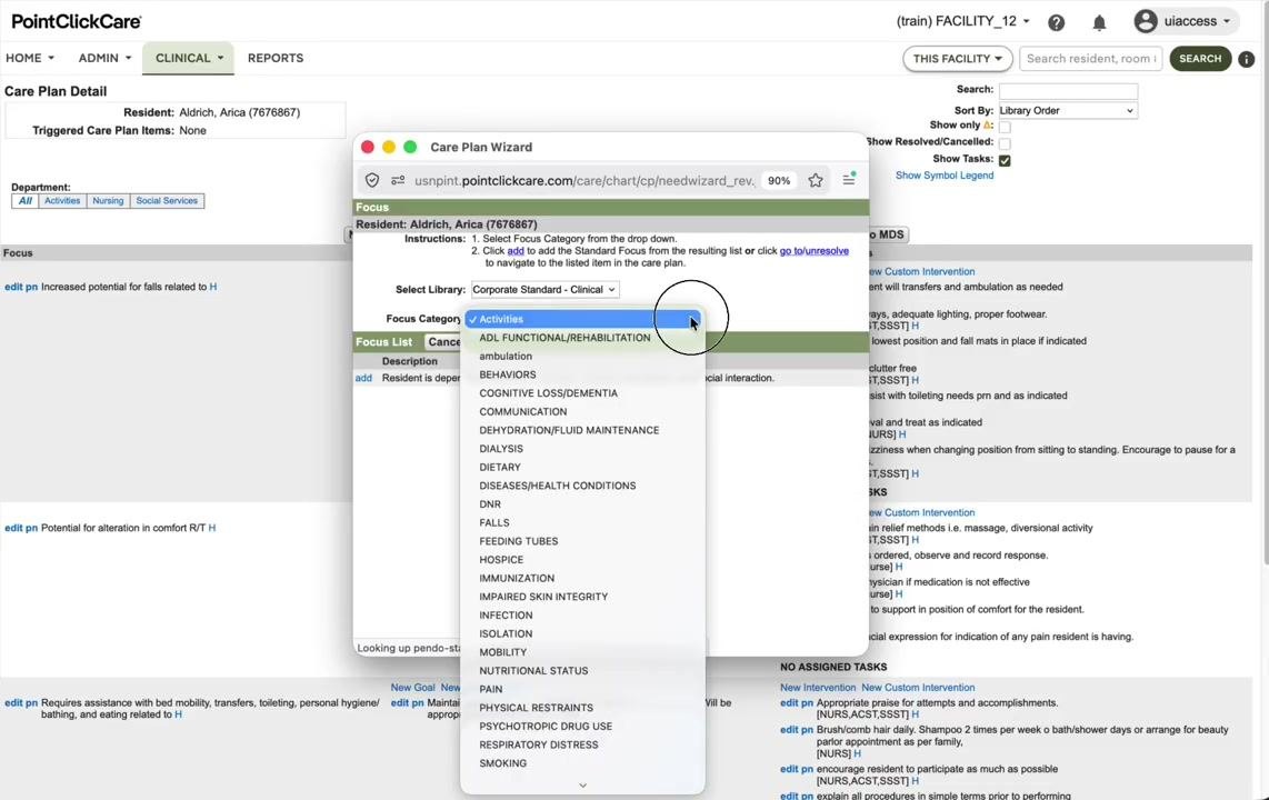 Care Plan Wizard open with the Focus Category dropdown expanded, showing options including "IMPAIRED SKIN INTEGRITY."