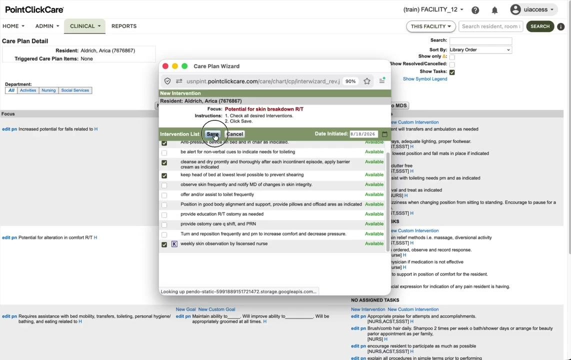 New Intervention window with the Save button highlighted and interventions selected.
