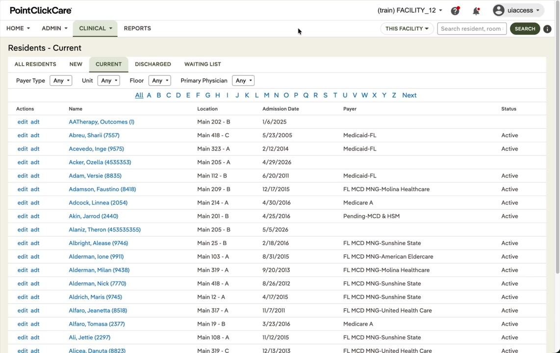 PointClickCare dashboard showing Clinical Communications, Facility Bulletin Board, and Announcements, with facility and user information at the top.