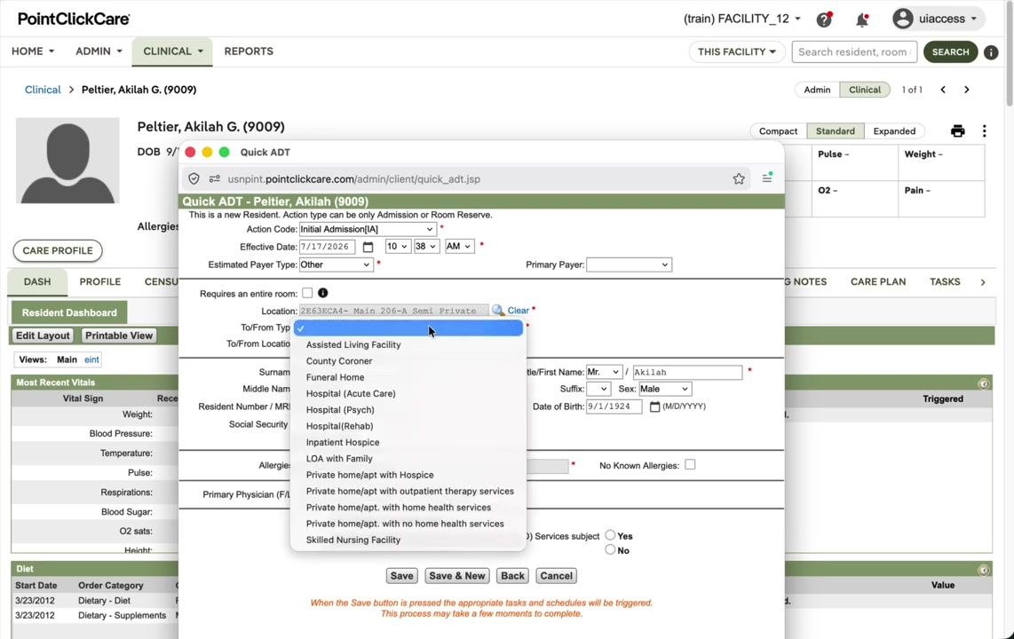 Quick ADT window with the To/From Type dropdown open, showing options including Hospital (Acute Care).