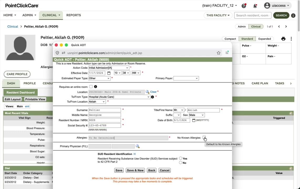 Quick ADT window with the Social Security Number entered and the No Known Allergies box being checked.