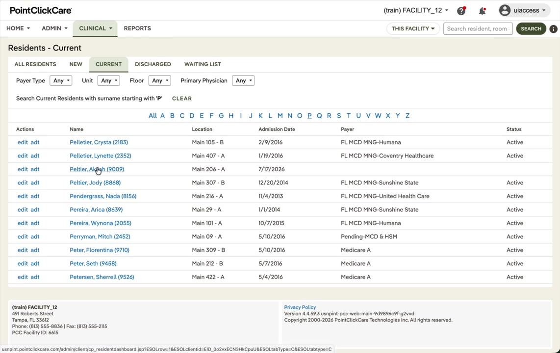Current residents list with search and filter options, showing resident names, locations, admission dates, payers, and status.