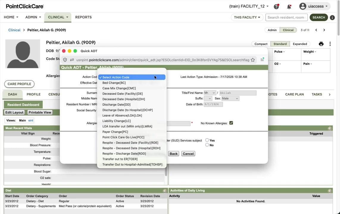 Quick ADT window open for a resident, with the Action Code dropdown showing transfer and discharge options.