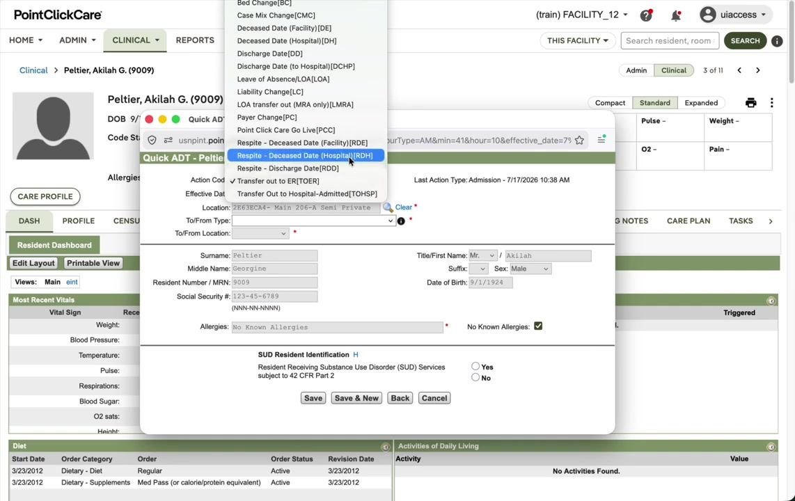 Quick ADT window with Action Code set to Discharge Date, Effective Date filled in, To/From Type set to Inpatient Hospice, and To/From Location entered.
