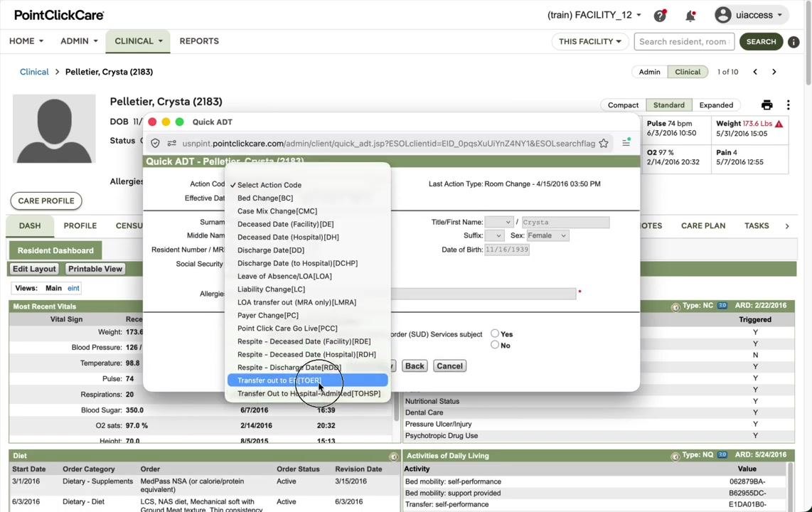 Residents list with the DISCHARGED tab selected, showing only discharged residents.