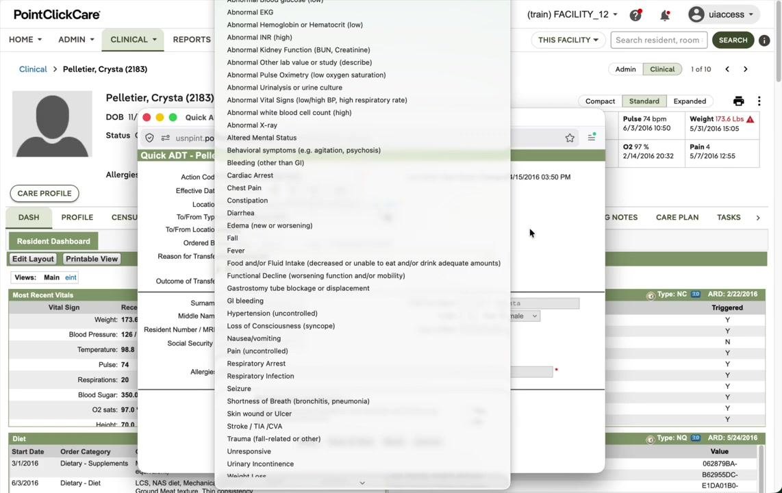 Quick ADT window with the Reason for Transfer dropdown open, showing a list of clinical reasons such as Abnormal EKG, Chest Pain, Fall, and Pain (uncontrolled).