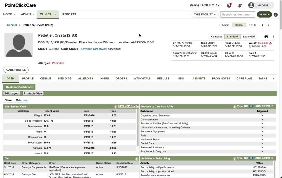 Resident dashboard showing updated information after the transfer, with the resident no longer in the current list.