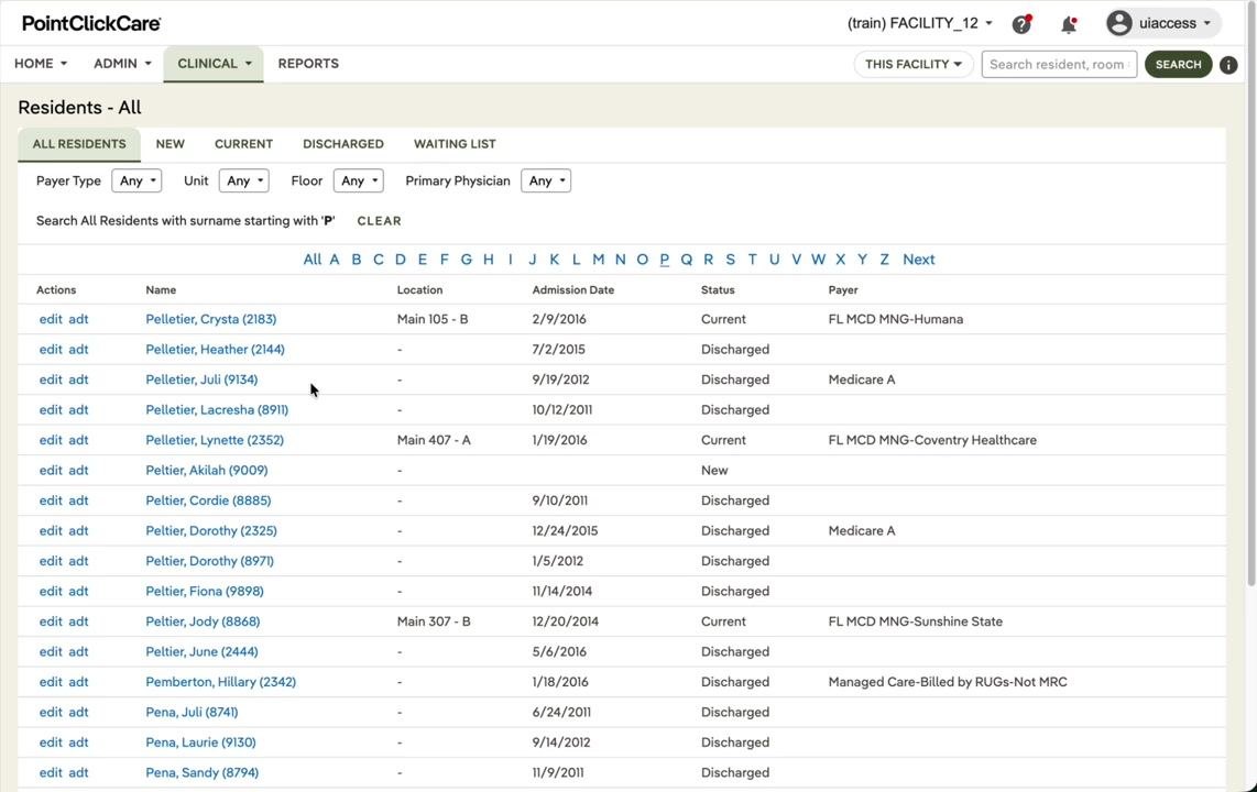 All Residents tab filtered for surnames starting with "P," showing "Peltier, Akilah (9009)" listed with the status "New."