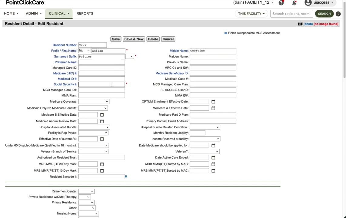Resident Detail - Edit Resident screen showing demographic fields for Akilah Peltier, with the Social Security # field empty.