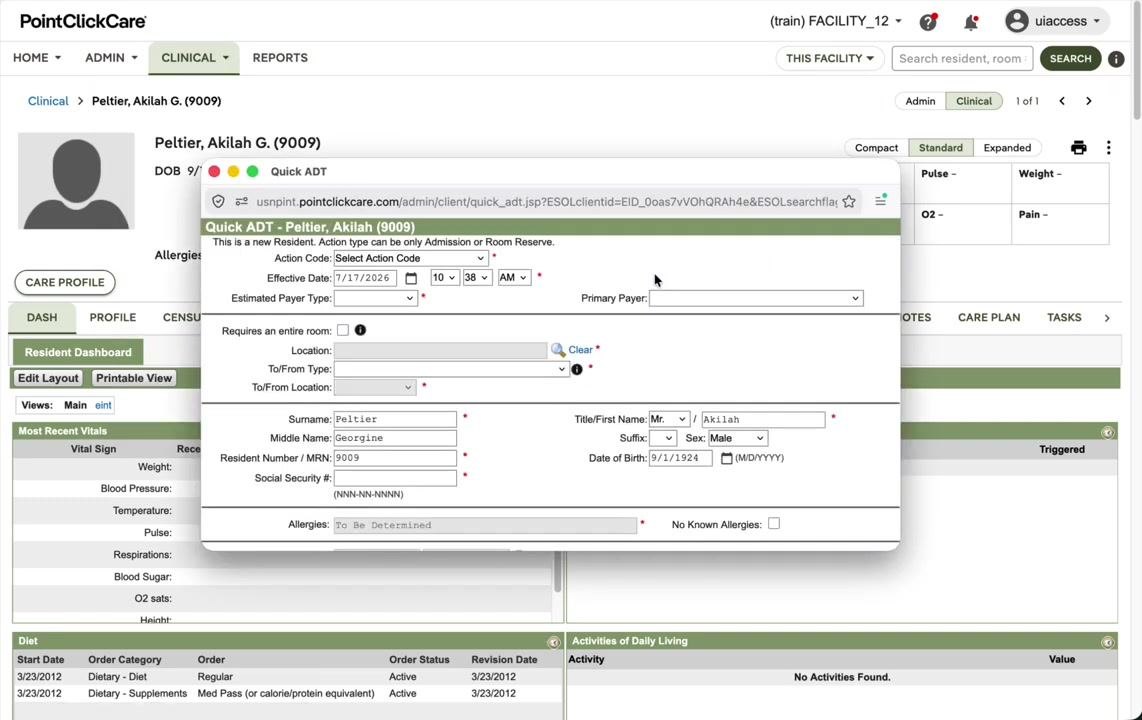 Quick ADT window open for Akilah Peltier, showing fields for Action Code, Effective Date, Payer, and resident details.