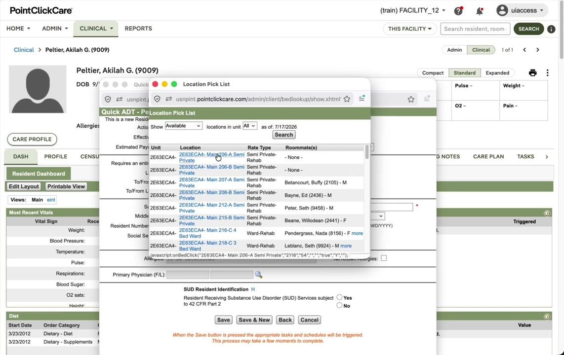 Location Pick List showing available rooms, roommate status, and selection of a private room.