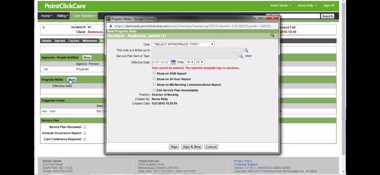 New Progress Note popup with fields for Type and Effective Date, and options for shift/24-hour report, ready for signing.