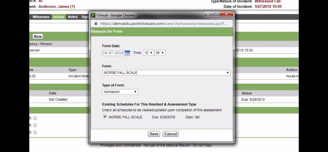 Action tab with the new link under Triggered Forms for Morse Fall Scale, cursor pointing to new, showing incident details and notification sections.