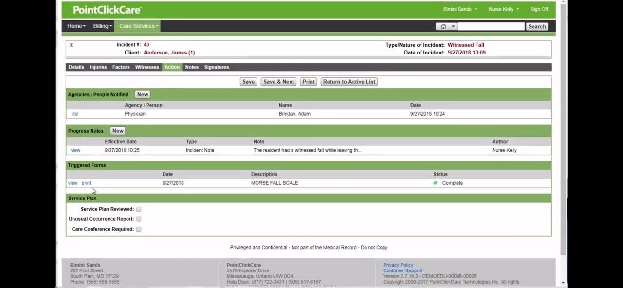Action tab showing the completed Morse Fall Scale form with view and print options and status Complete.