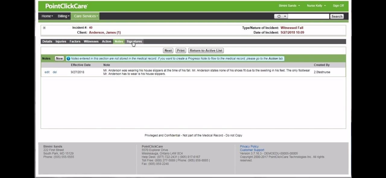 Notes tab with the New button clicked, cursor on New, and an informational message about notes not being part of the medical record.