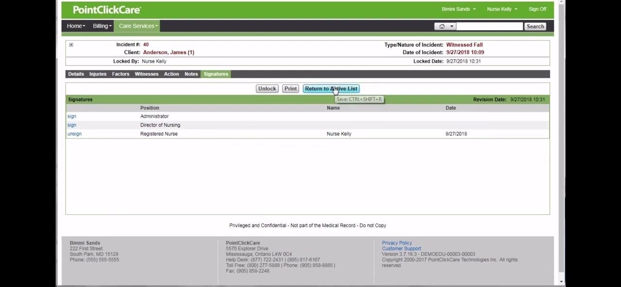 Active Incidents list showing incident number 40 for Anderson, James, with options to view, unlock, or print, and the incident pending a signature from the Director of Nursing.