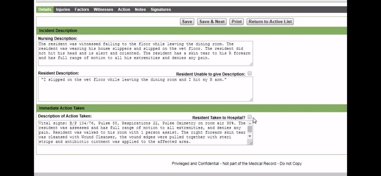 Incident Details screen with the Save & Next button highlighted, ready to proceed to the Injuries section.