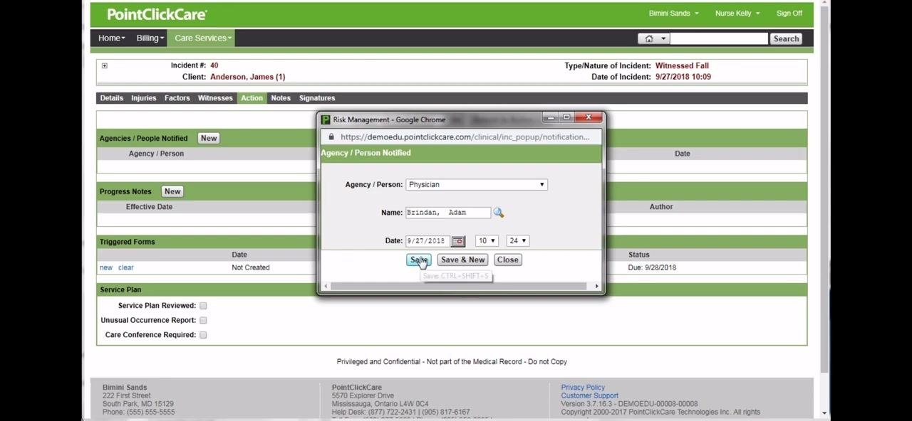 Agency/Person Notified popup with Physician, Brindan Adam, and date/time fields filled in, with the Save button highlighted.