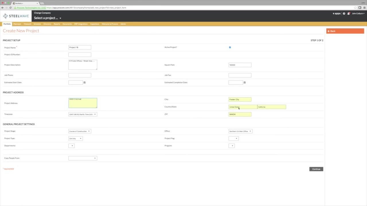 Project Address, City, Country/State, and ZIP fields highlighted and filled in.