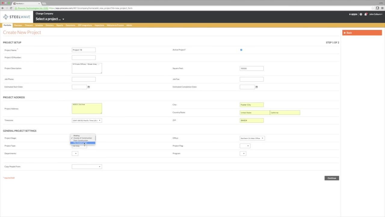 Project Stage dropdown open with "Pre-Construction" selected.