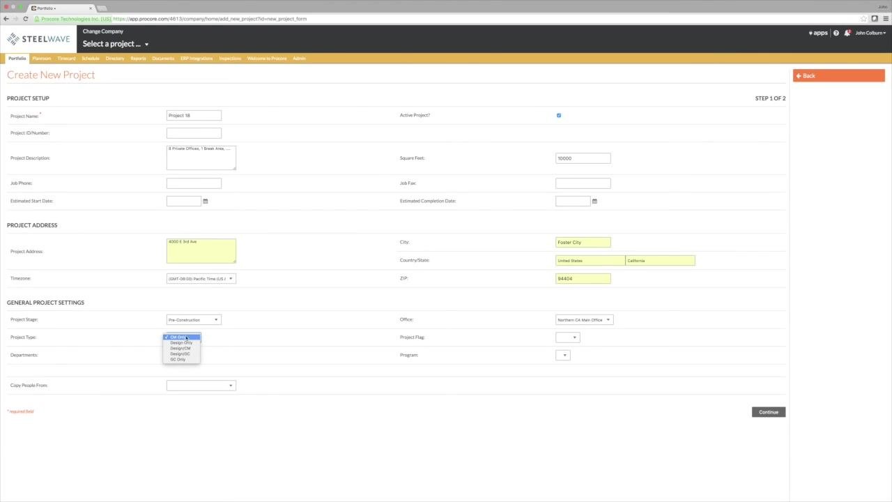 Project Type dropdown open with "Design/VDC" selected.
