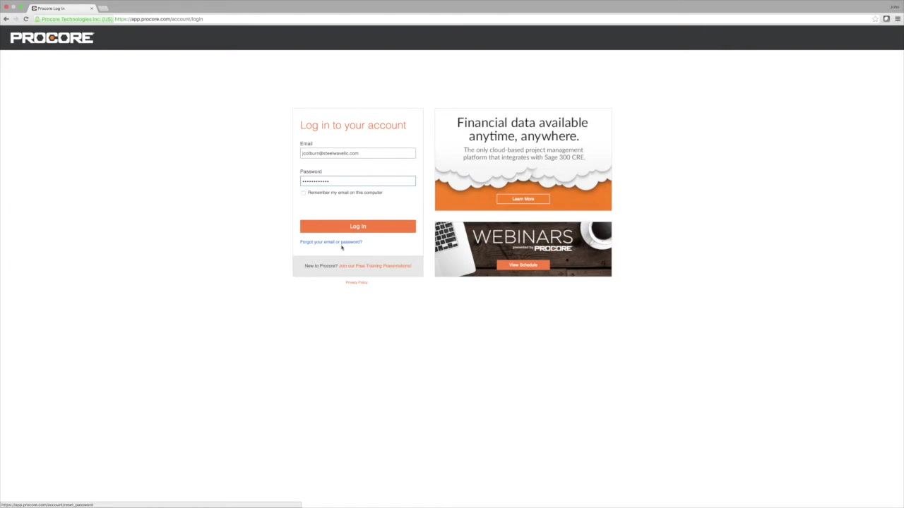 Procore login screen with the "Forgot your email or password?" link highlighted, along with the email and password fields and informational panels.